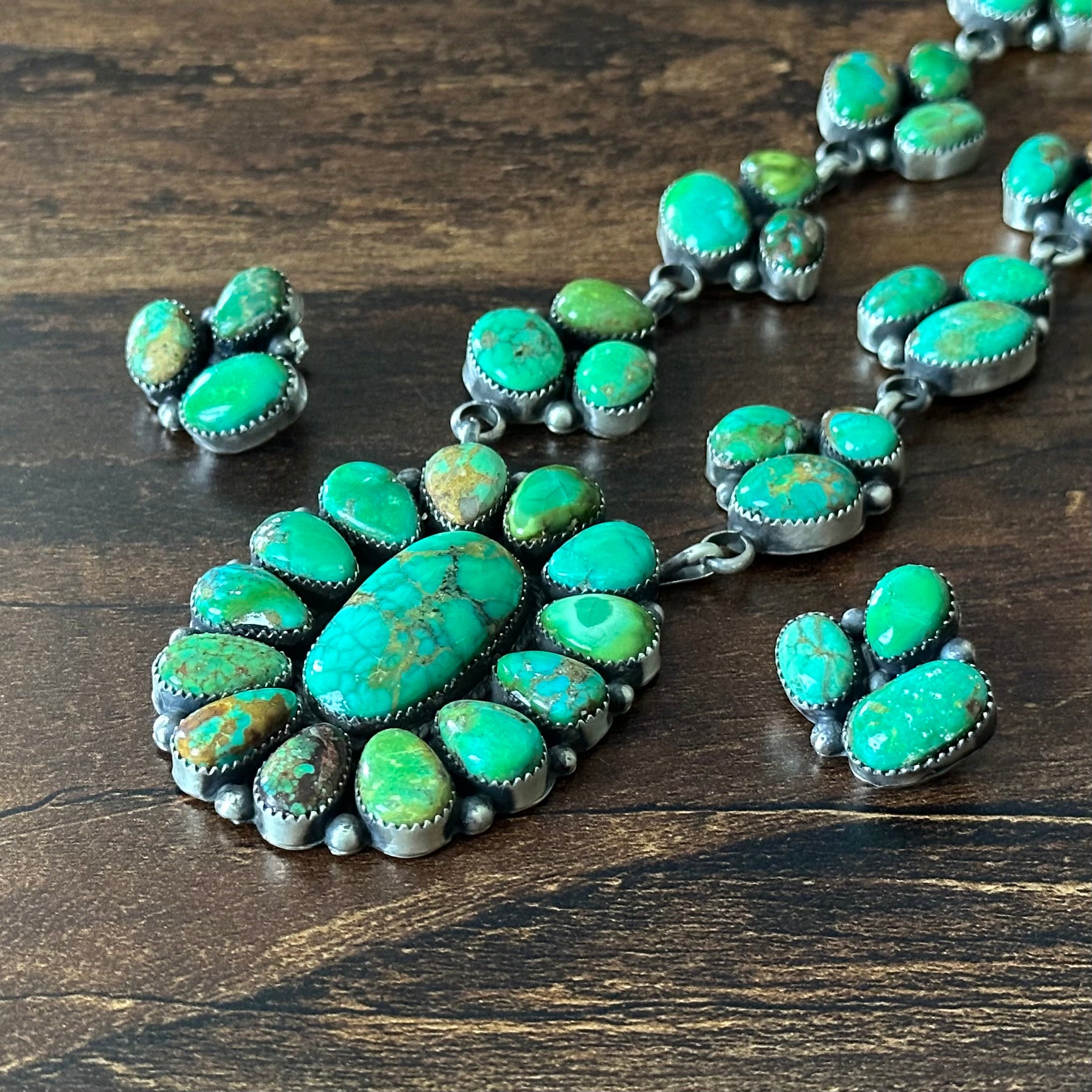 Navajo Anna Spencer Sonoran Gold Turquoise 38 Stone Sterling Cluster Statement Necklace Earrings Set