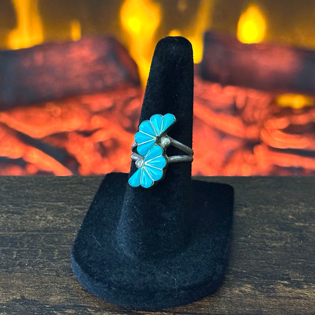 Turquoise Sterling 10 Stone Petite Point Fan Inlay Ring