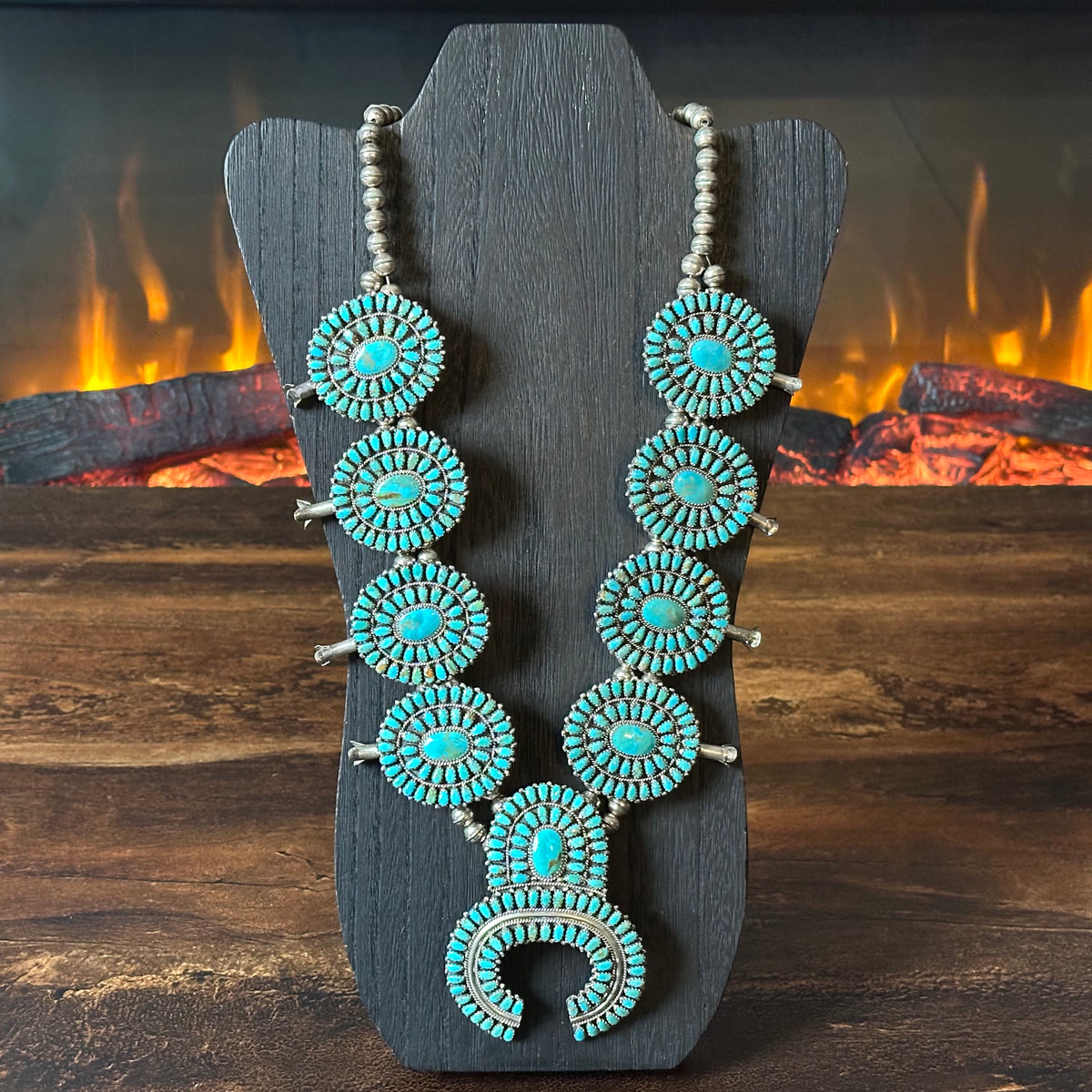 Navajo Larry Moses Begay Turquoise 473 Stone Sterling Petite Point Cluster Squash Blossom Necklace