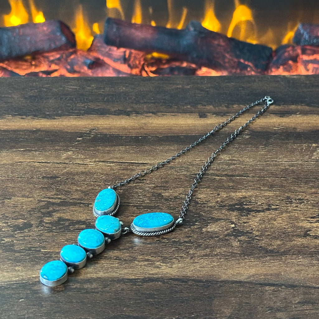 Navajo Eli Skeets Turquoise 6 Stone Sterling Raindrop Lariat Necklace
