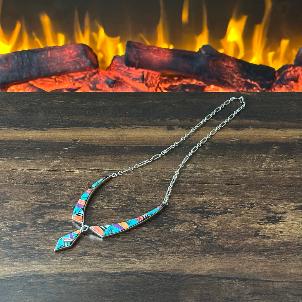 Touch of Santa Fe Turquoise Red Coral Spiny Oyster Sugilite Onyx Opal Sterling Inlay Necklace