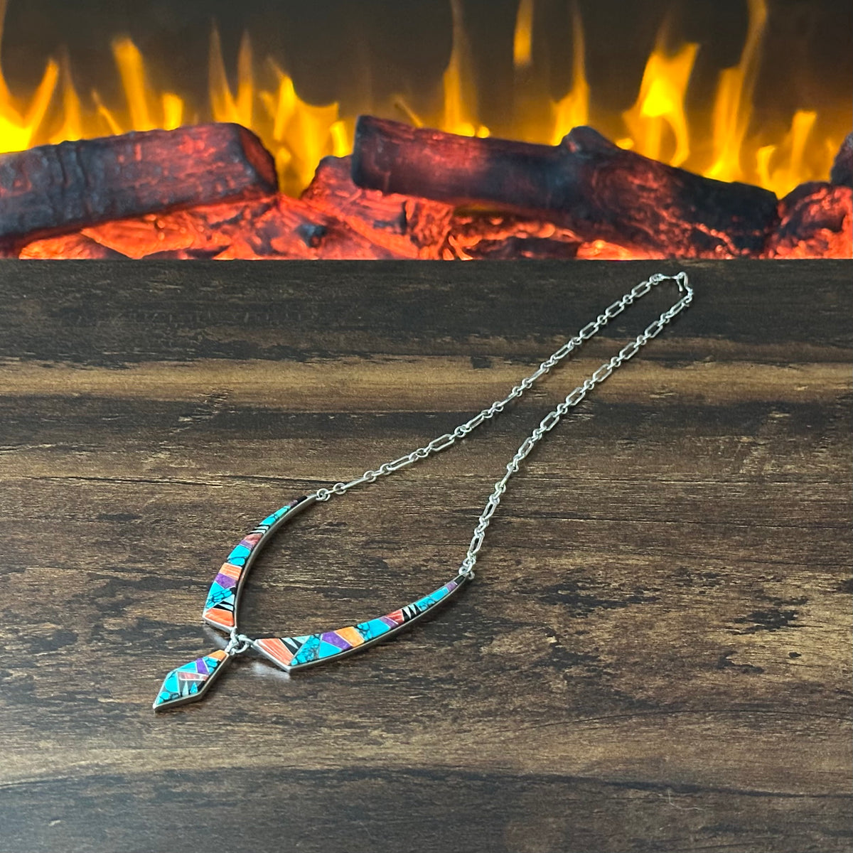 Touch of Santa Fe Turquoise Red Coral Spiny Oyster Sugilite Onyx Opal Sterling Inlay Necklace