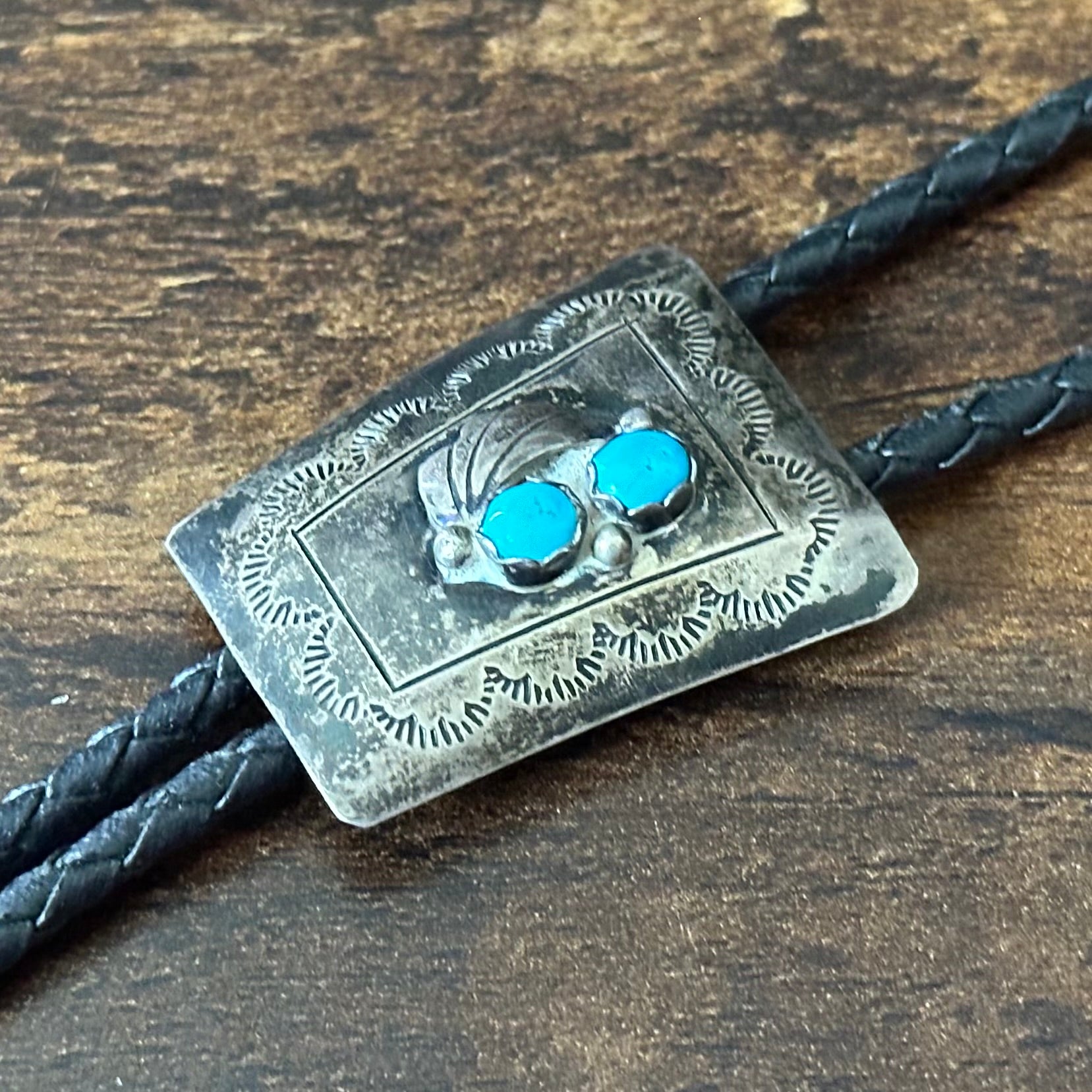 Spencer Signed Turquoise Sterling Hand Stamped Vintage Bolo Tie