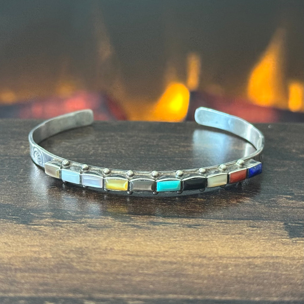 Zuni Ernest & Vivnita Bewanika Turquoise Lapis Red Coral MOP Jet 10 Stone Sterling Hand Stamped Stacker Cuff