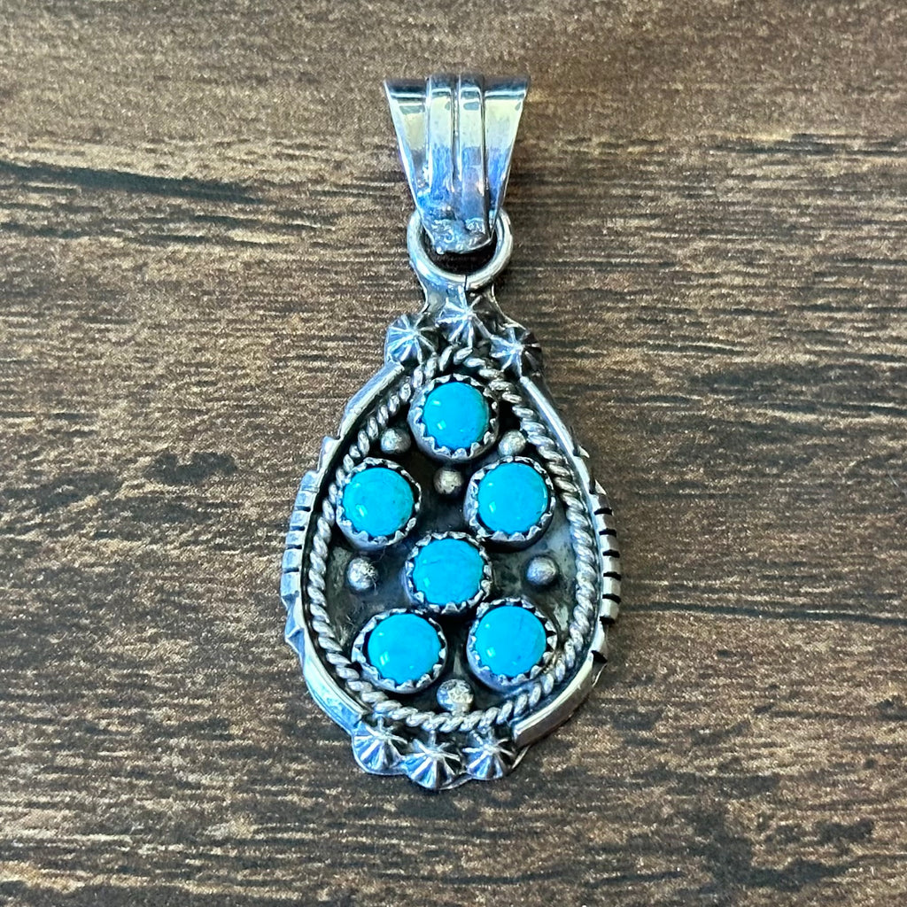 Navajo Kenny Lonjose Turquoise 6 Stone Sterling Twist Wire Raindrop Cluster Pendant