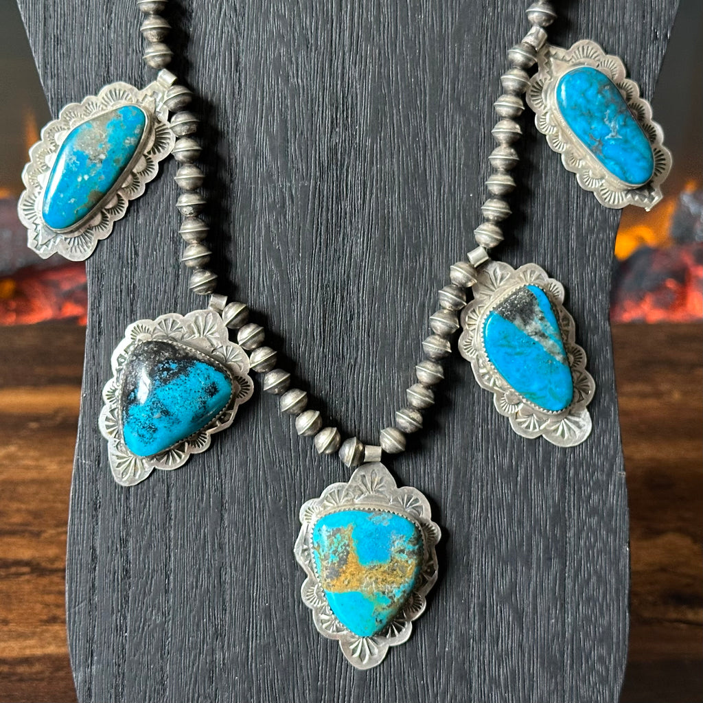 Pueblo Jacob Troncosa Turquoise 5 Stone Sterling Hand Stamped Pendant Station Necklace