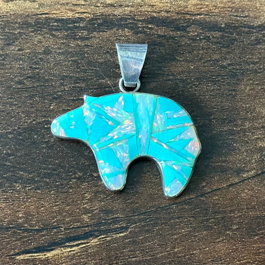 Navajo Wilbert Benally Turquoise Opal Sterling Bear Inlay Pendant