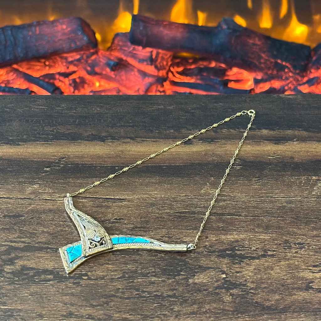 Silver Ray Turquoise Gold Over Sterling Ornate Hand Stamped Inlay Necklace