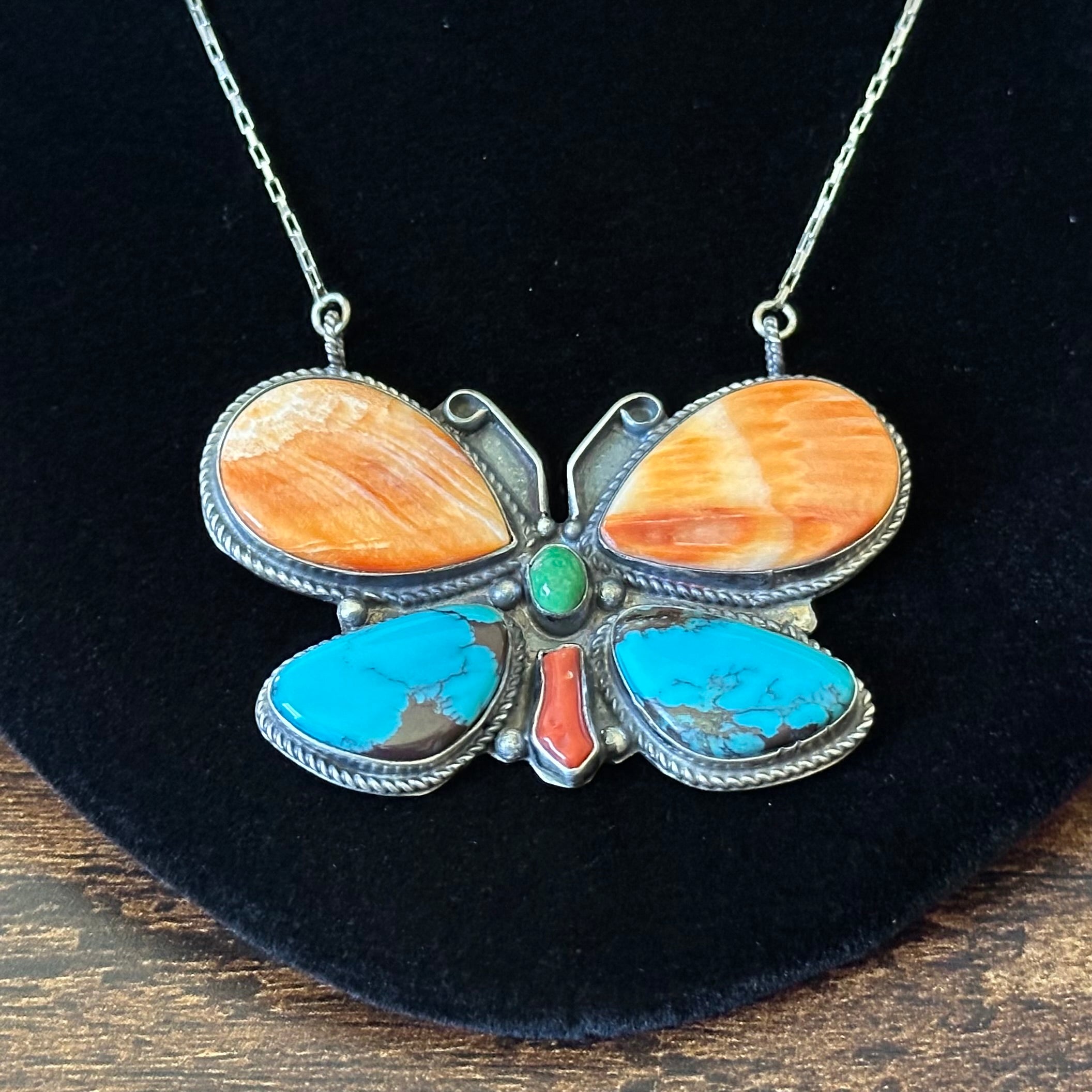 Navajo Phil & Lenora Garcia Turquoise Spiny Oyster Red Coral Sterling Butterfly Pendant Necklace