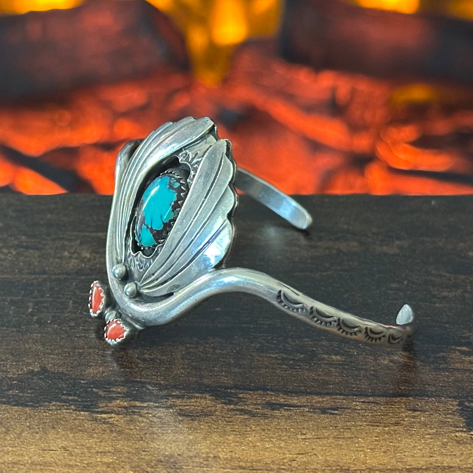Bisbee Blue Electropen Signed Turquoise Red Coral 3 Stone Sterling Shadowbox Hand Stamped Cuff