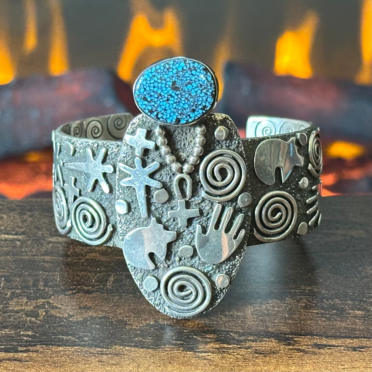Navajo Alex Sanchez Webbed Turquoise Sterling Petroglyph Hand Stamped Statement Cuff