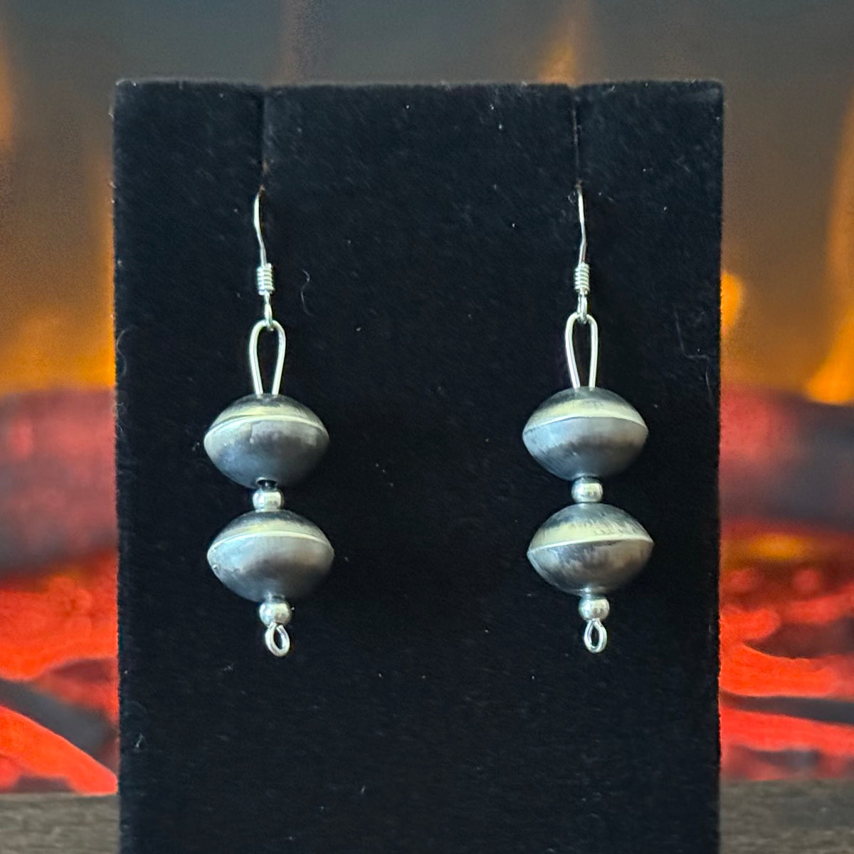 Navajo Sharon Cooley Sterling Handmade Stamped Cylinder Bead Necklace Earrings Set