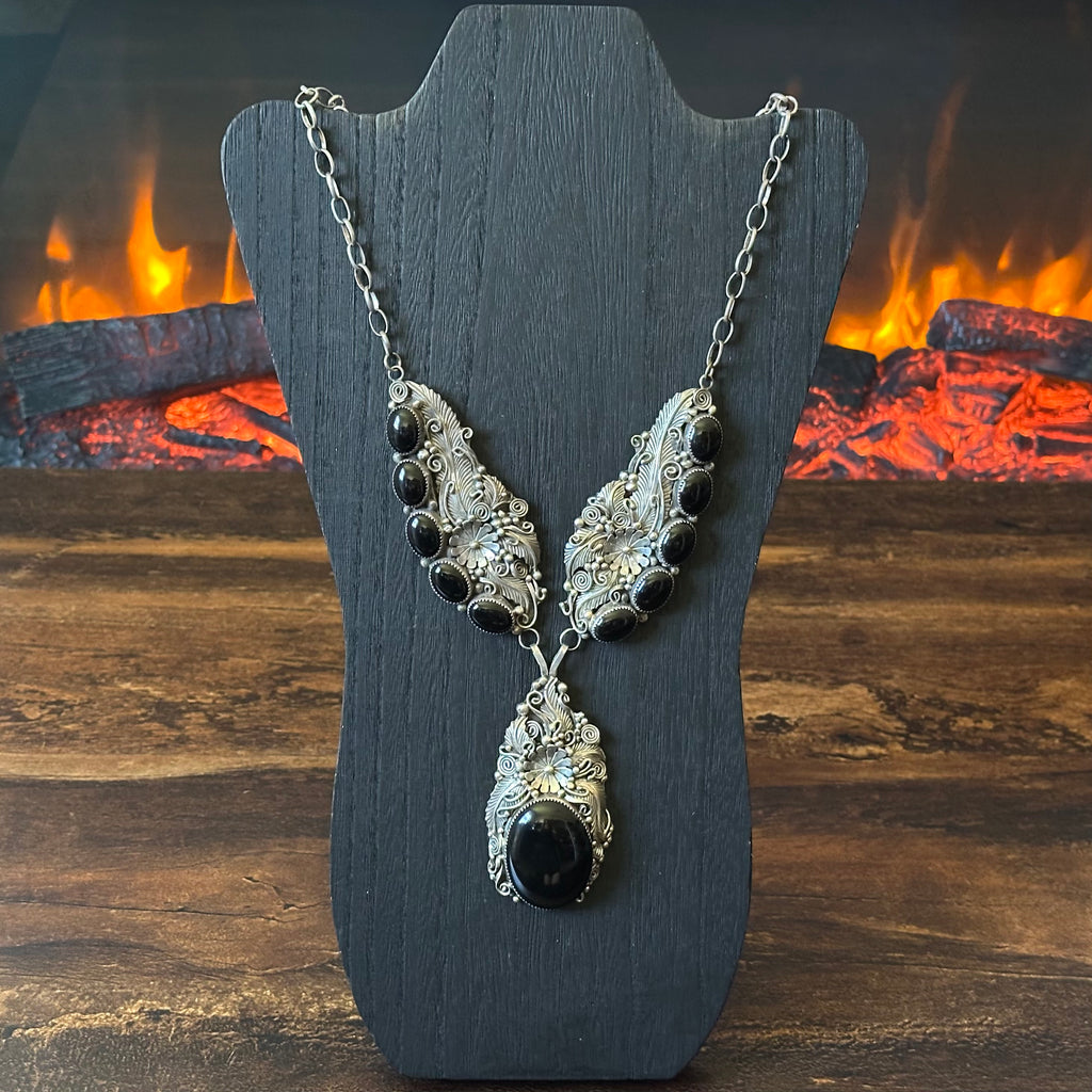 Onyx 11 Stone Sterling Floral Feather Ornate Statement Necklace