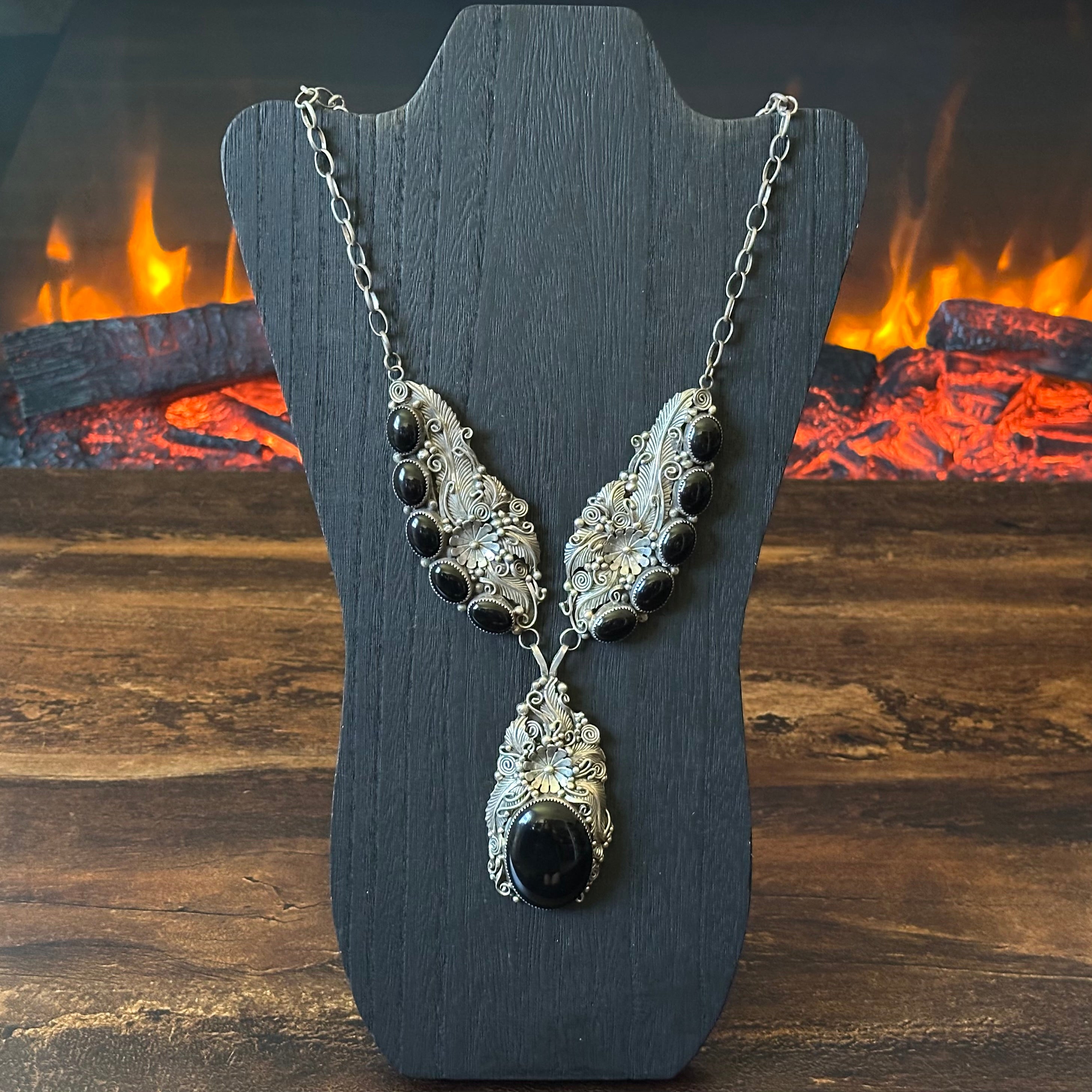 Onyx 11 Stone Sterling Floral Feather Ornate Statement Necklace