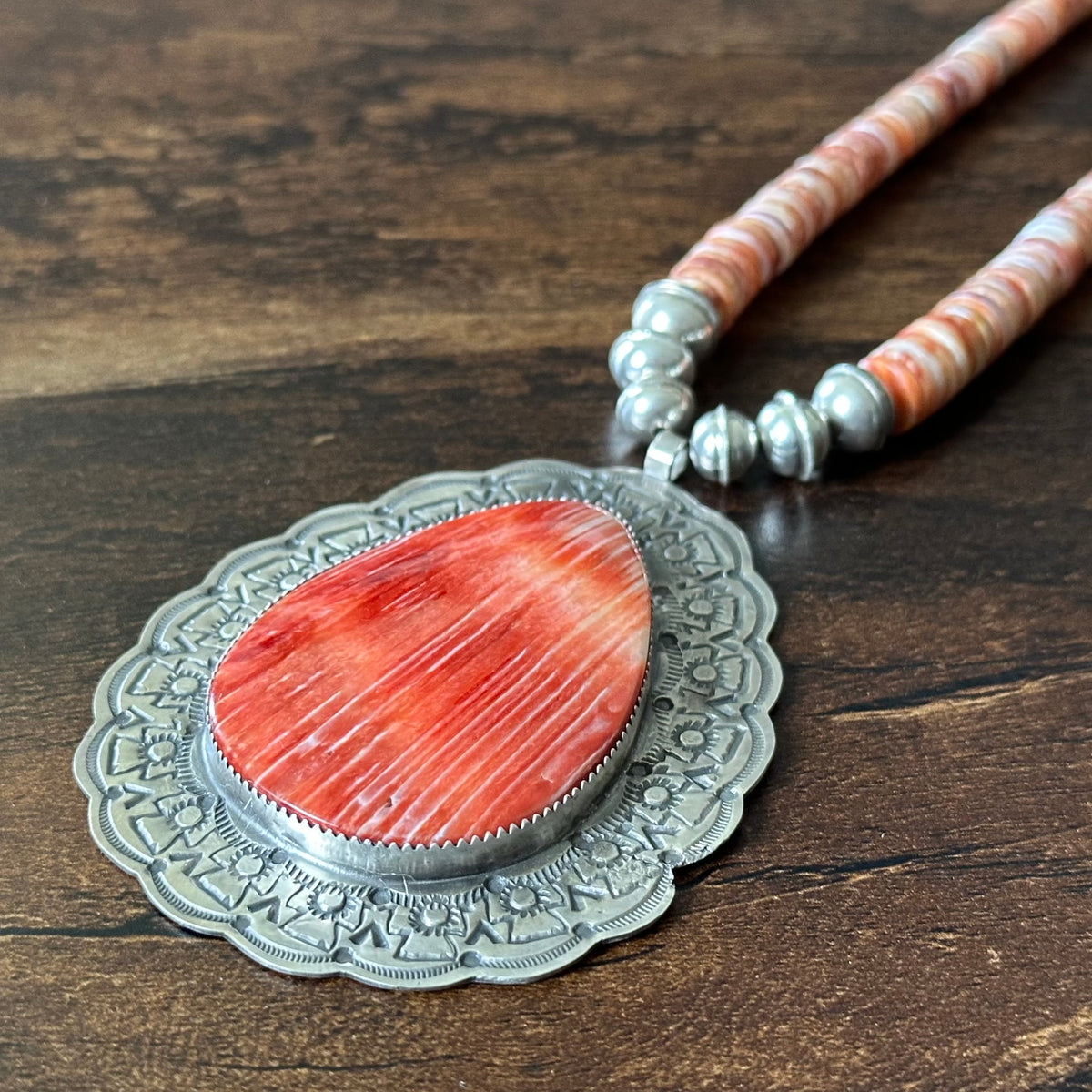 Navajo Tawney Willie Orange Spiny Oyster Sterling Hand Stamped Heishi Statement Necklace