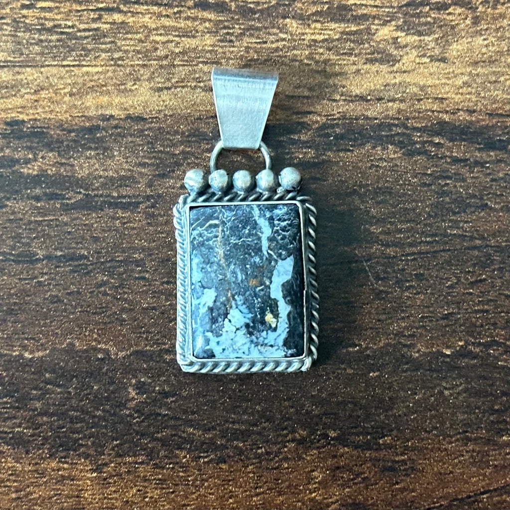 Navajo Vicky Hicks White Buffalo Sterling Twist Wire Square Pendant