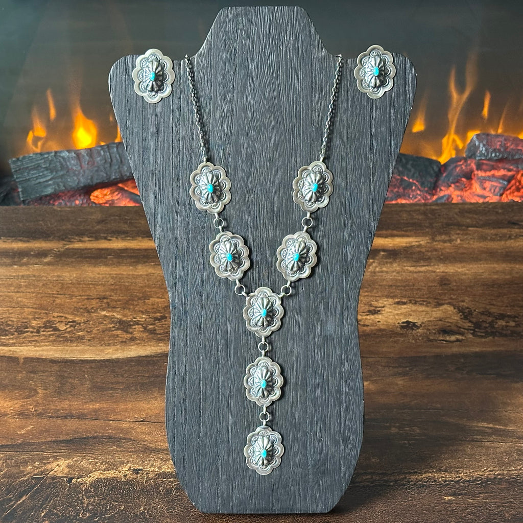 Navajo Raymond Benally Turquoise 7 Stone Sterling Hand Stamped Concho Lariat Necklace Earrings Set
