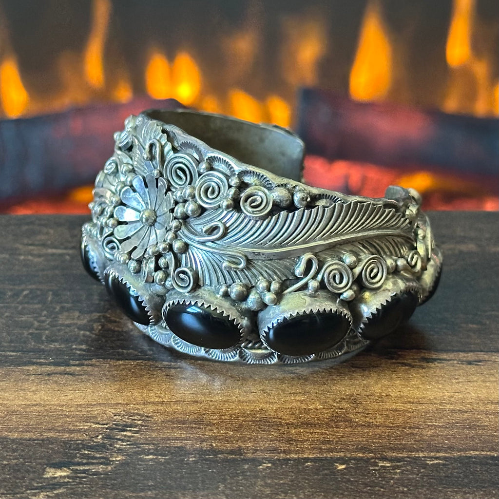 G Signed Onyx 9 Stone Sterling Floral Ornate Statement Cuff