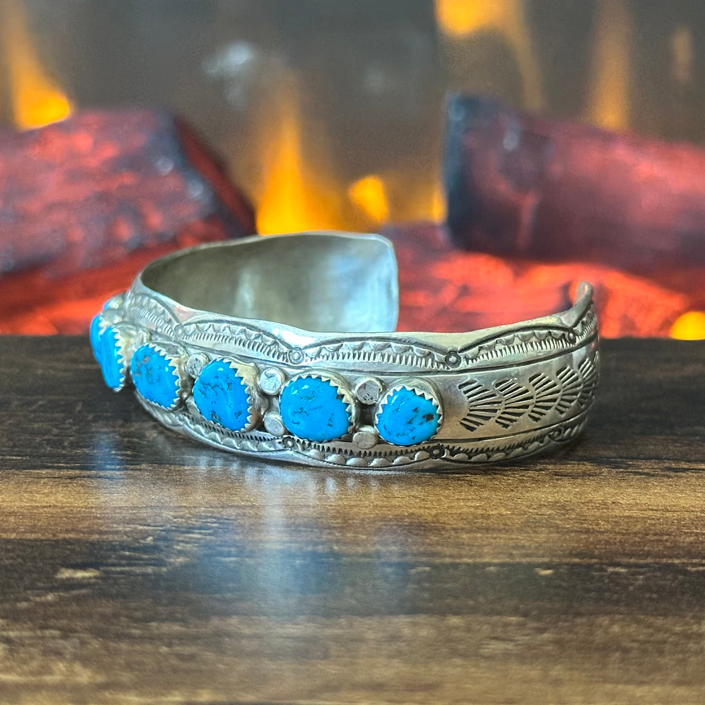 Navajo Wilbert Benally Turquoise 7 Stone Sterling Hand Stamped Raindrop Stacker Cuff