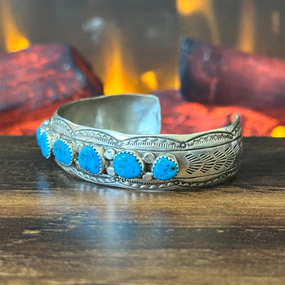 Navajo Wilbert Benally Turquoise 7 Stone Sterling Hand Stamped Raindrop Stacker Cuff