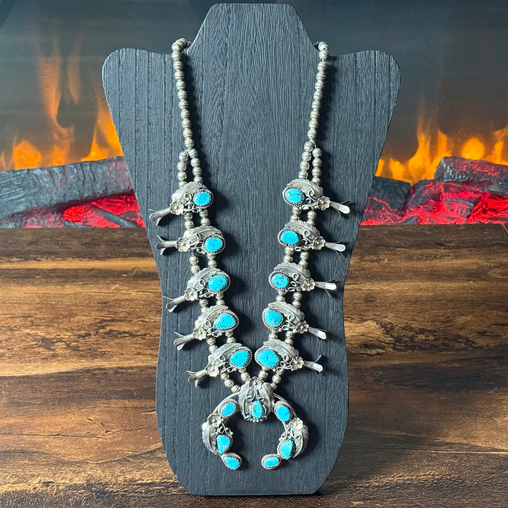 Vintage Turquoise 17 Stone Sterling Floral Ornate Squash Blossom