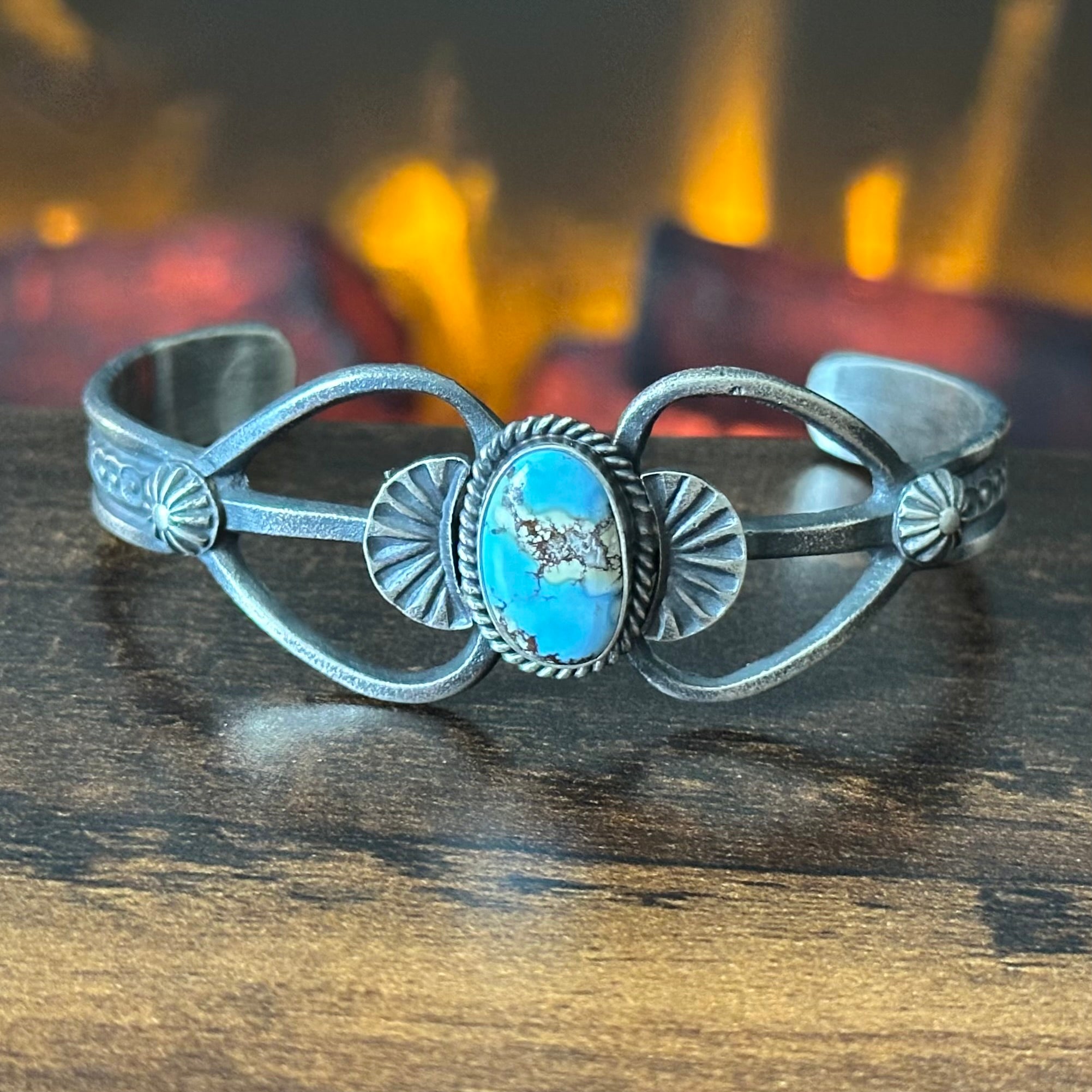 Navajo Kevin Billah Golden Hills Turquoise Hand Stamped Sterling Oxidized Cuff