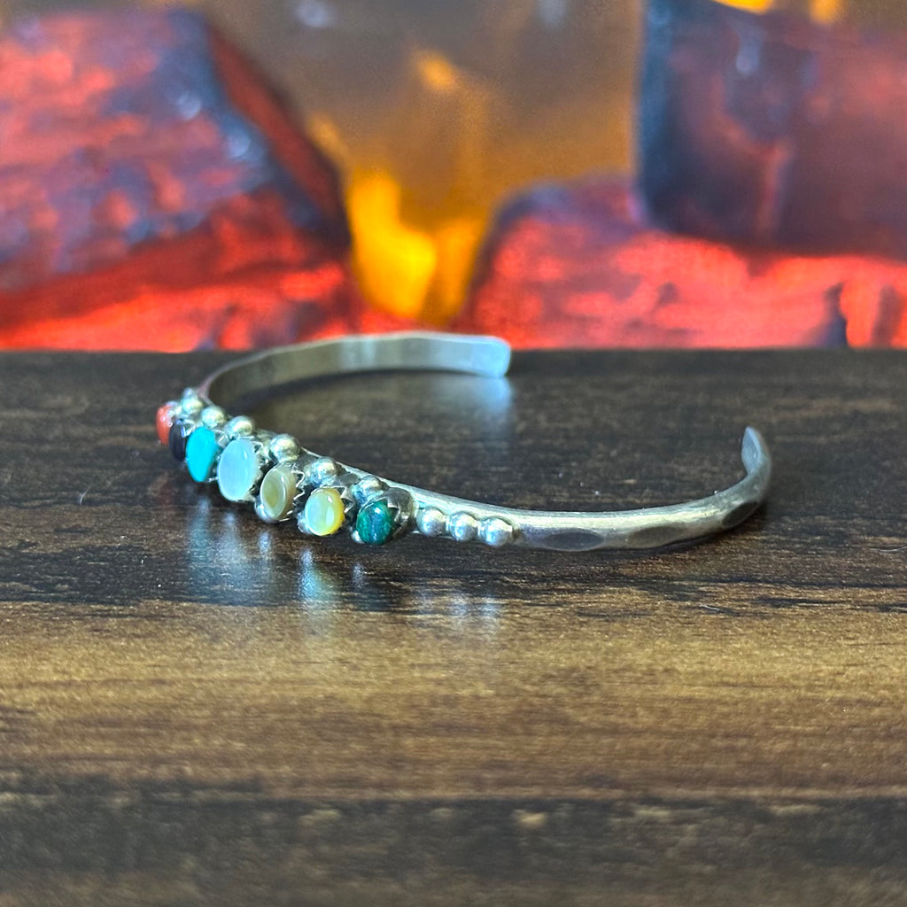 Turquoise Mother of Pearl Garnet Red Coral Malachite Abalone 7 Stone Sterling Raindrop Stacker Cuff