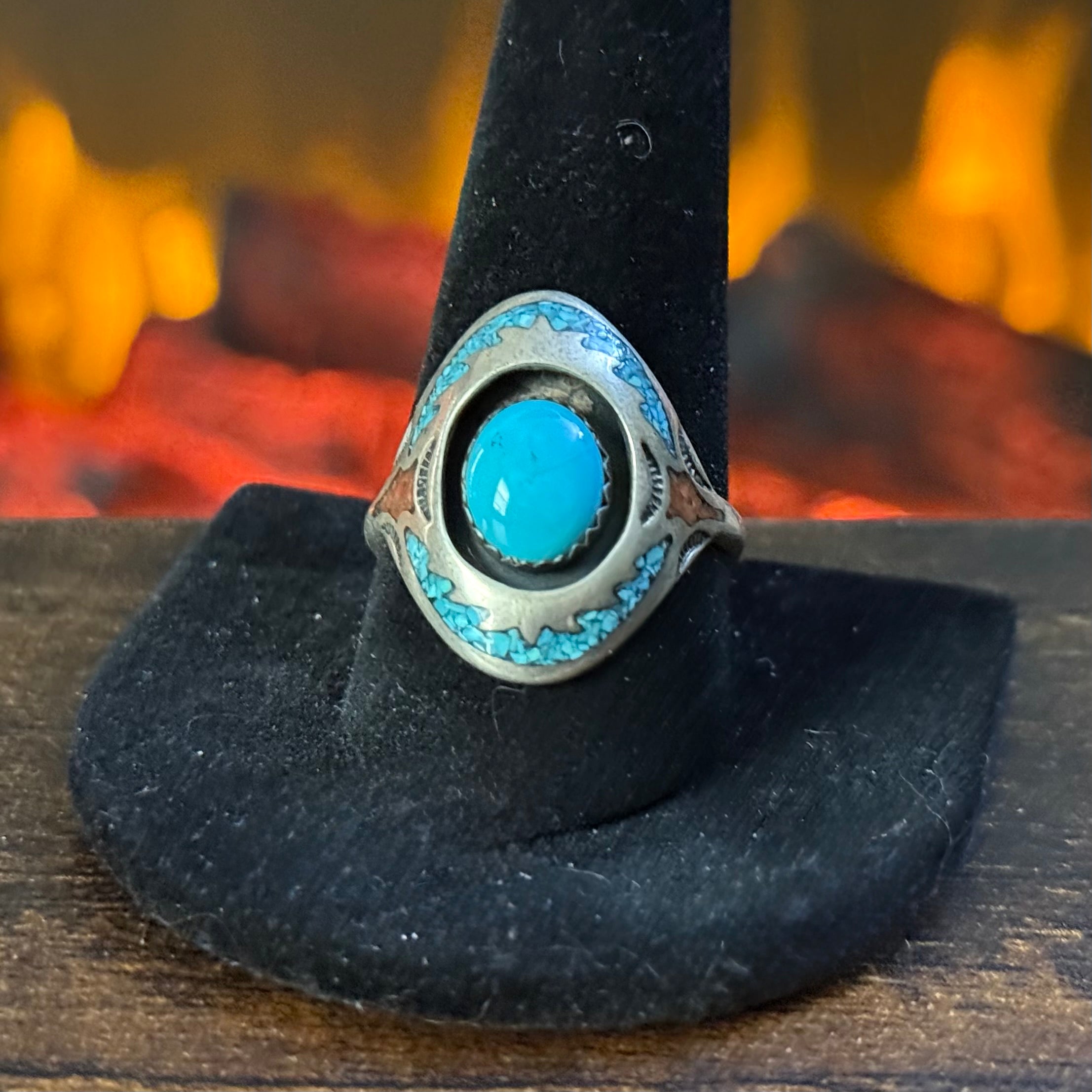Turquoise Red Coral Sterling Shadowbox Chip Inlay Ring