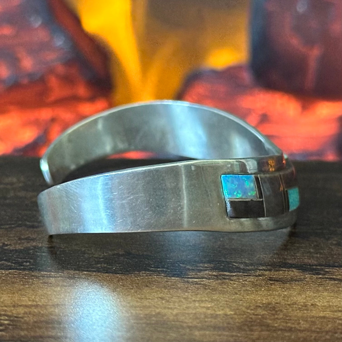 Jay Jay Signed Jasper Opal Sterling Geometric Inlay Cuff