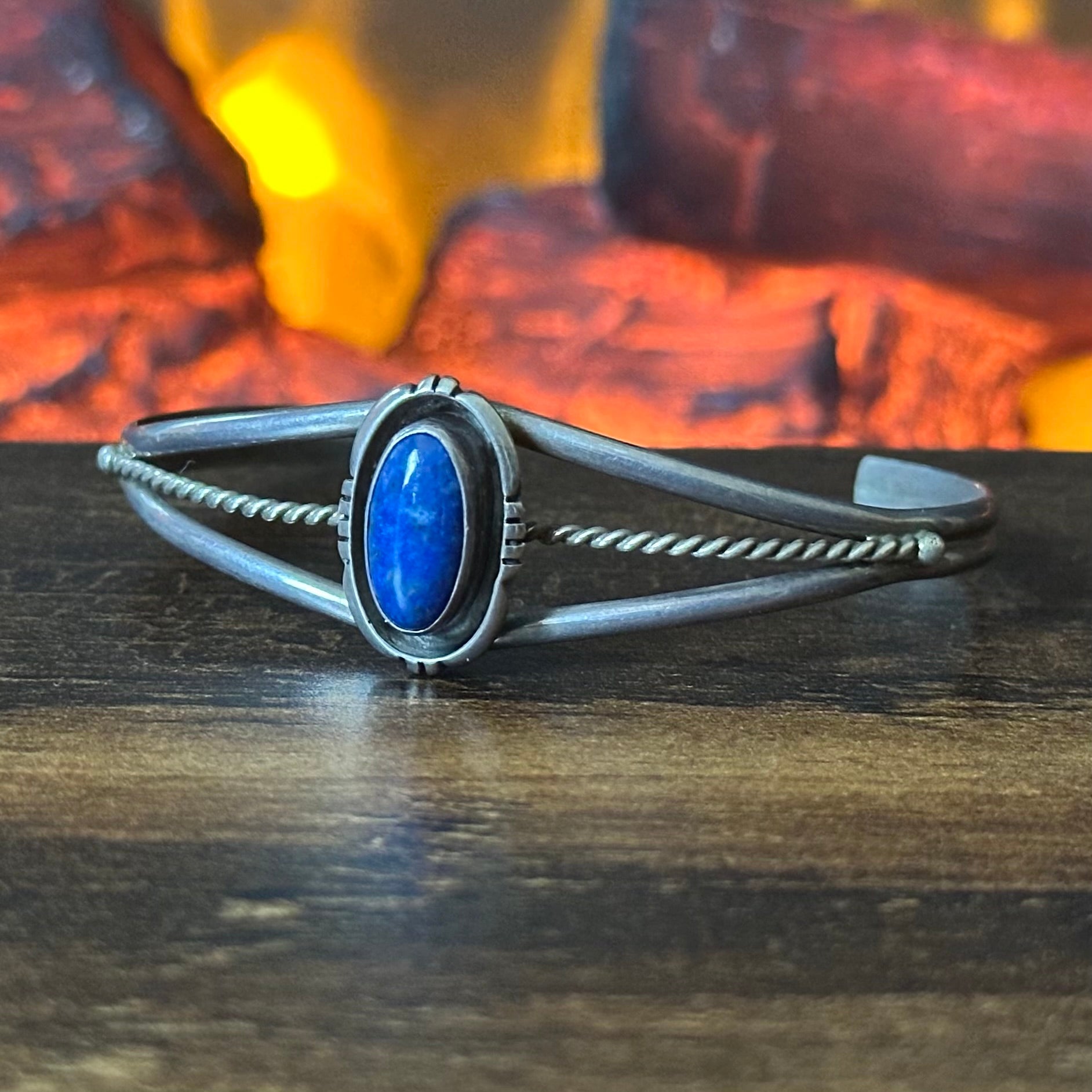 Navajo Leonard & Marian Nez Signed Lapis Sterling Shadowbox Twist Wire Cuff