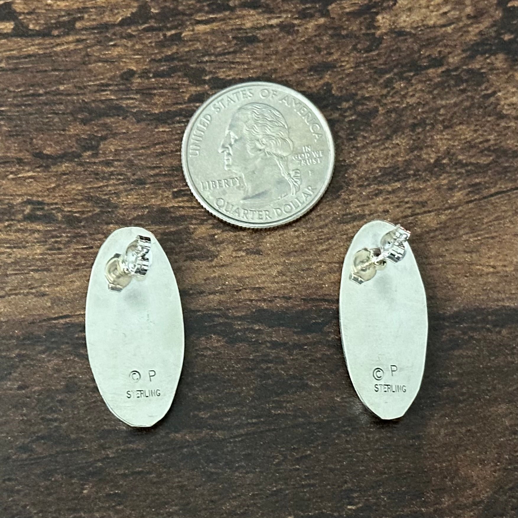 Navajo Felix Perry Turquoise Shadowbox Sterling Hand Stamped Stud Earrings