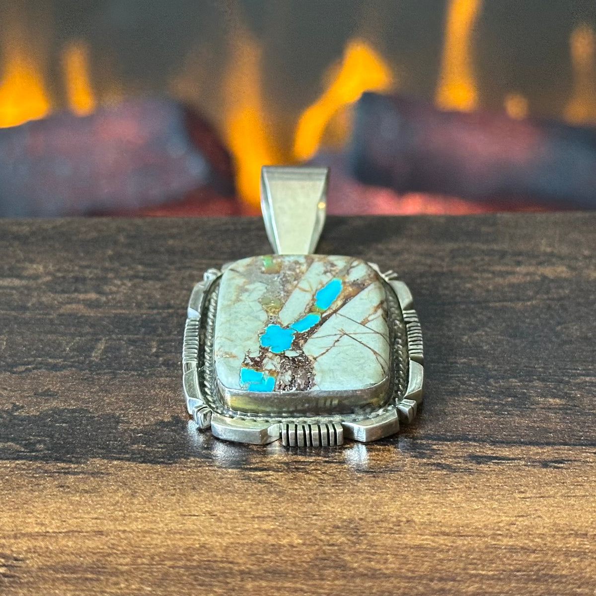 Silver Ray Royston Ribbon Turquoise Sterling Twist Wire Bezel Rectangular Pendant