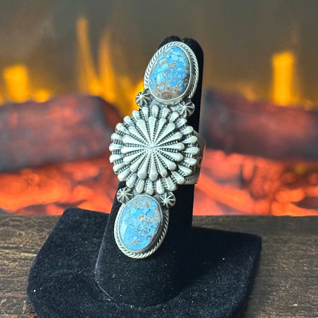 Navajo Samuel Yellowhair Golden Hills Turquoise Sterling Hand Stamped Statement Ring