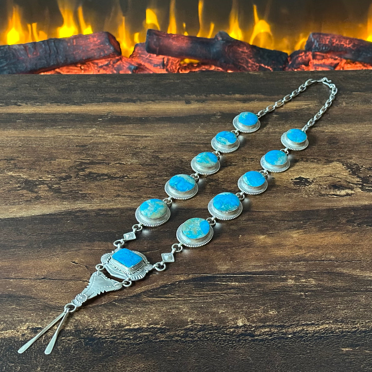 Turquoise 11 Stone Sterling Hand Stamped Lariat Statement Necklace