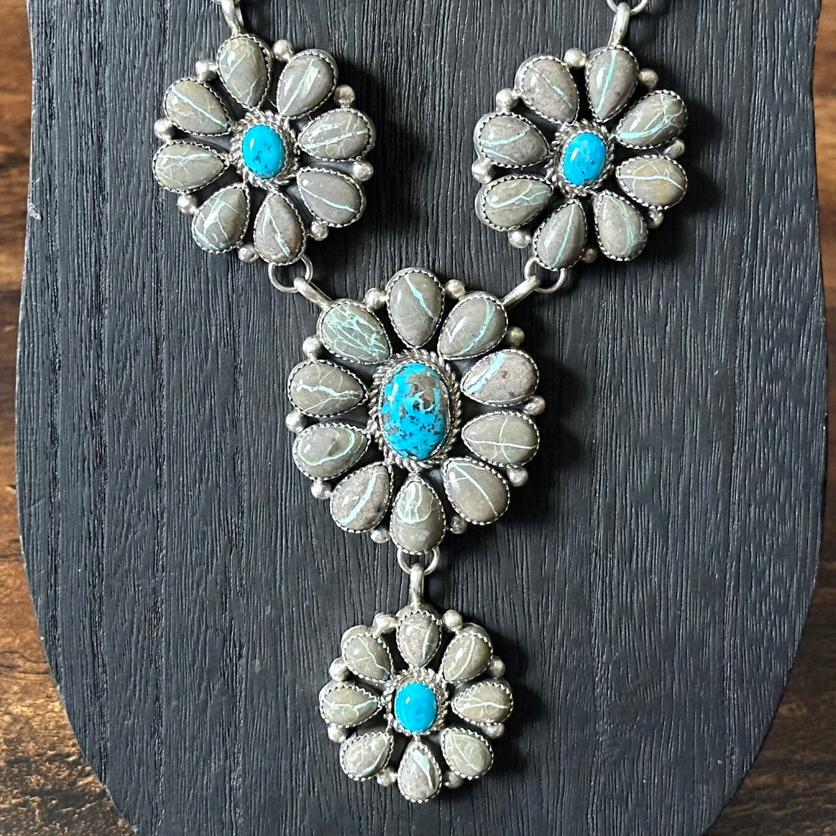 Navajo Pansy Johnson Carico Lake Ribbon & Persian Turquoise 74 Stone Sterling Cluster Statement Necklace Earrings Set