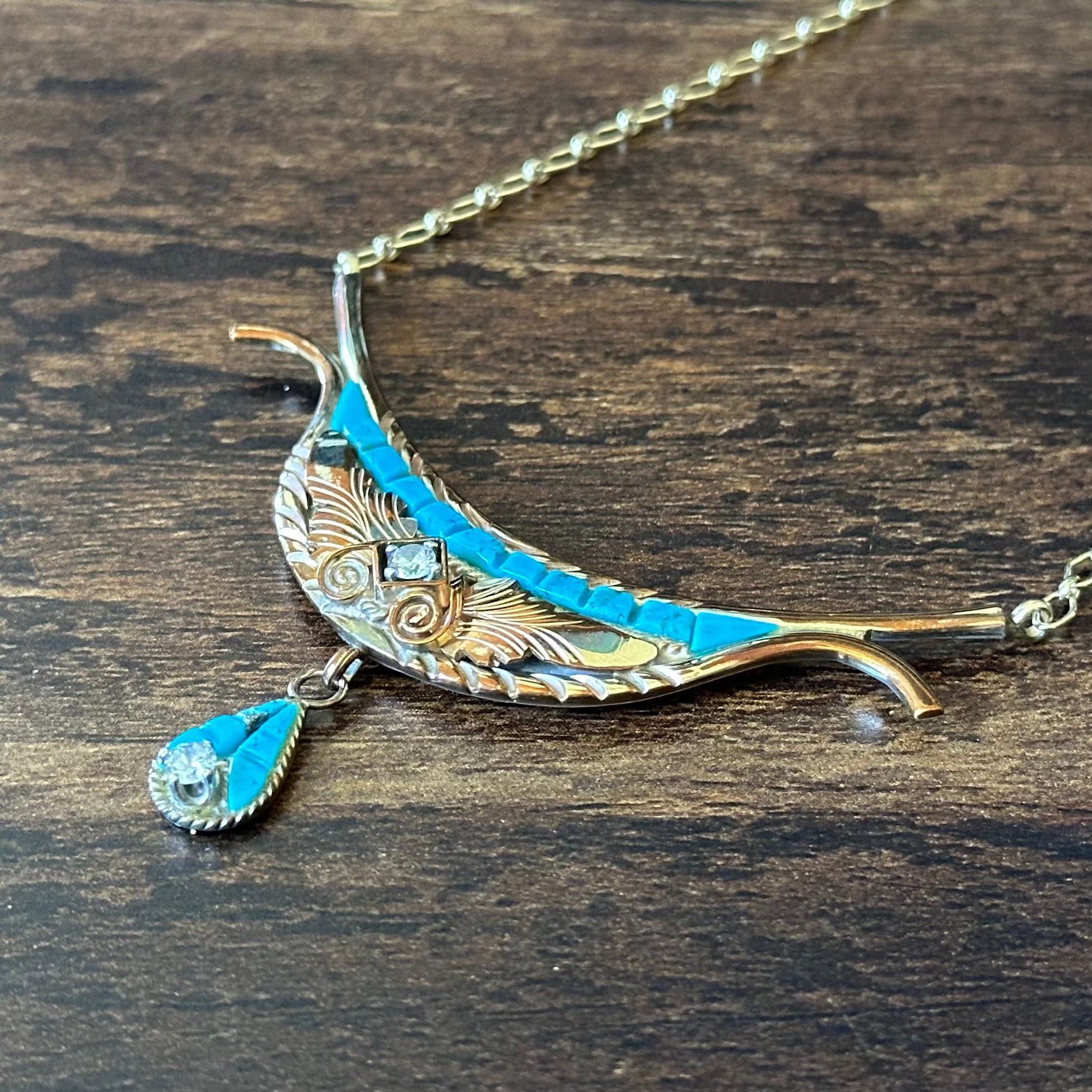 Silver Ray Turquoise Gold Over Sterling Ornate Inlay Necklace Earrings Set