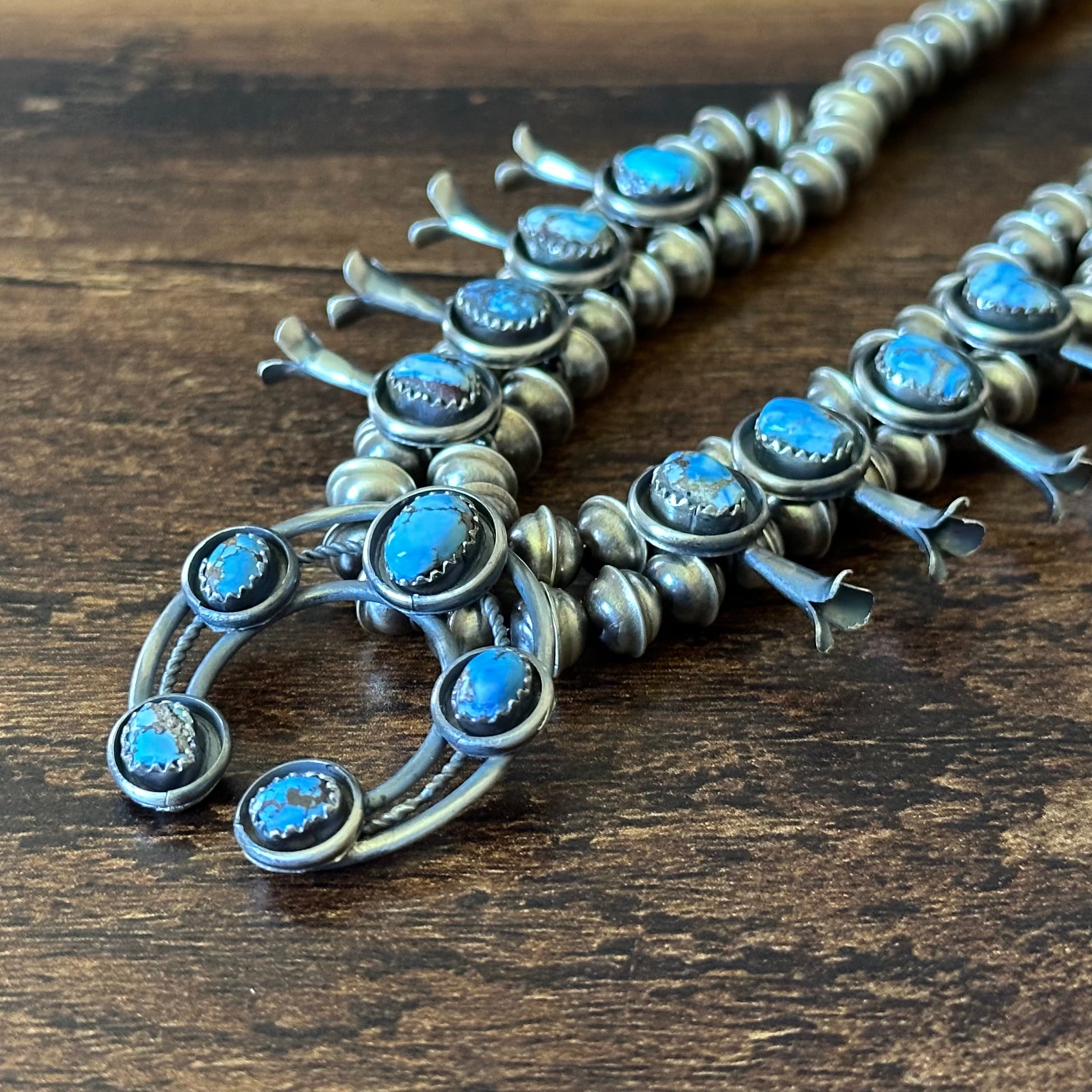 Navajo Phil & Lenora Garcia Golden Hills Turquoise 13 Stone Oxidized Sterling Squash Blossom Earrings Set