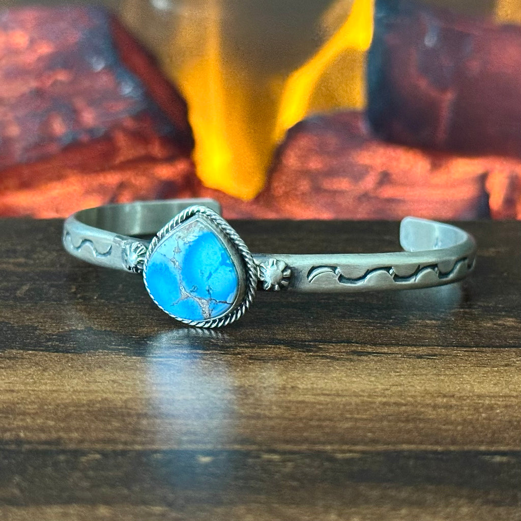 Navajo Samuel Yellowhair Golden Hills Turquoise Sterling Hand Stamped Cuff