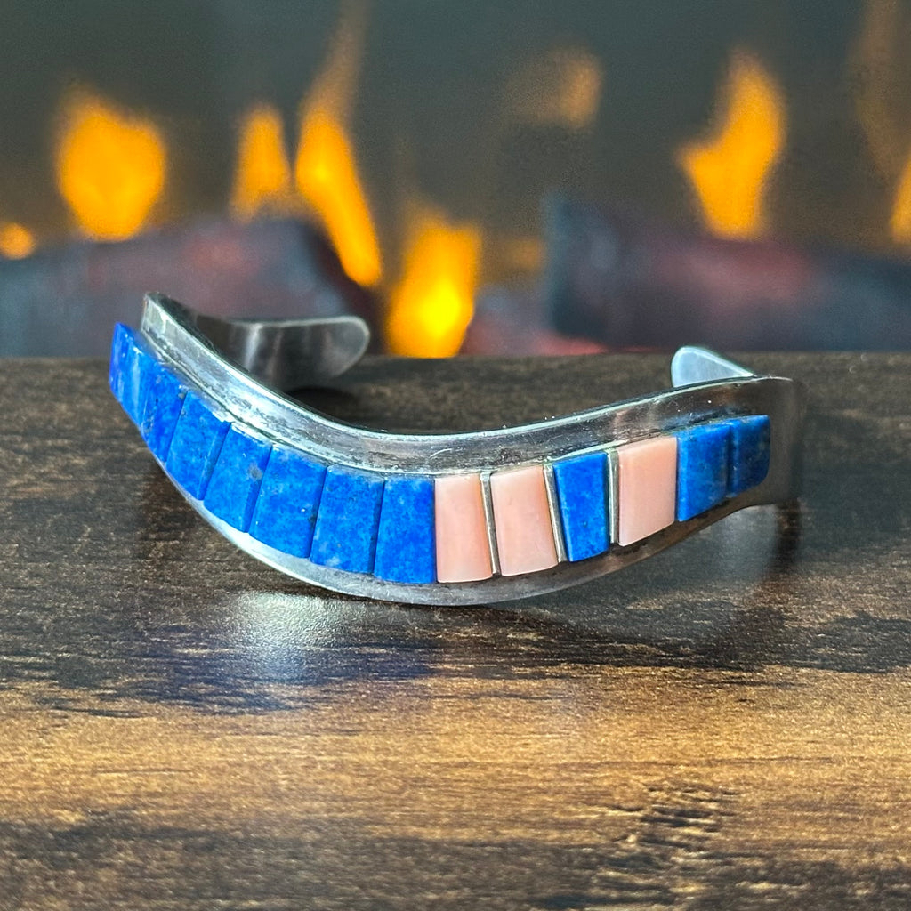 Navajo Raymond Delgarito Lapis Pink Conch Sterling Inlay Cuff