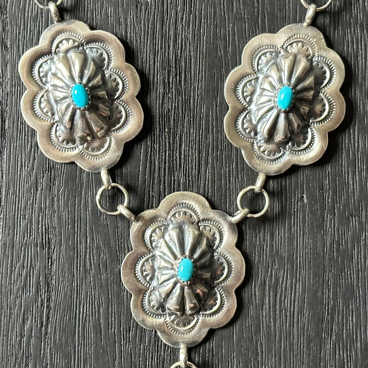 Navajo Raymond Benally Turquoise 7 Stone Sterling Hand Stamped Concho Lariat Necklace Earrings Set