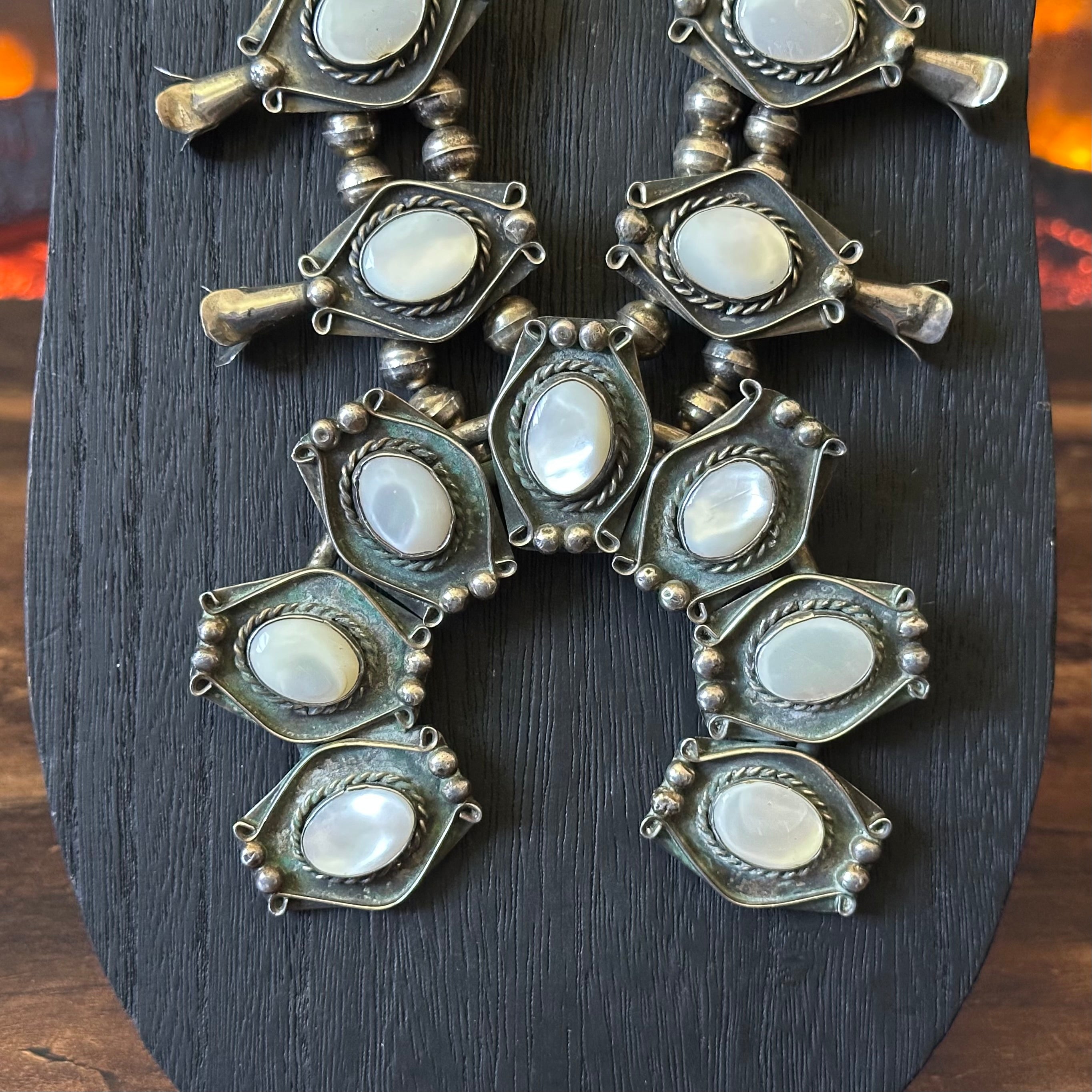 Vintage Mother of Pearl 17 Stone Sterling Twist Wire Raindrop Squash Blossom