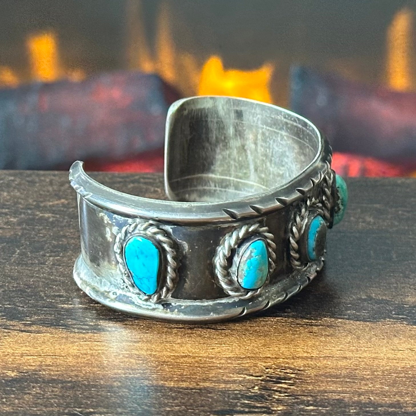 Vintage Turquoise 5 Stone Sterling “1972” Twist Wire Statement Cuff