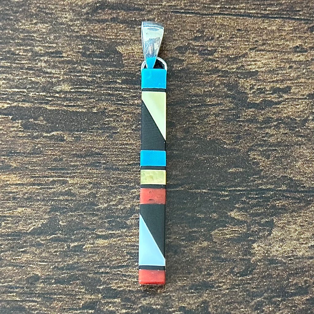 Zuni Maderrel Kallestewa Signed Turquoise Red Coral Jet Sterling Inlay Pendant