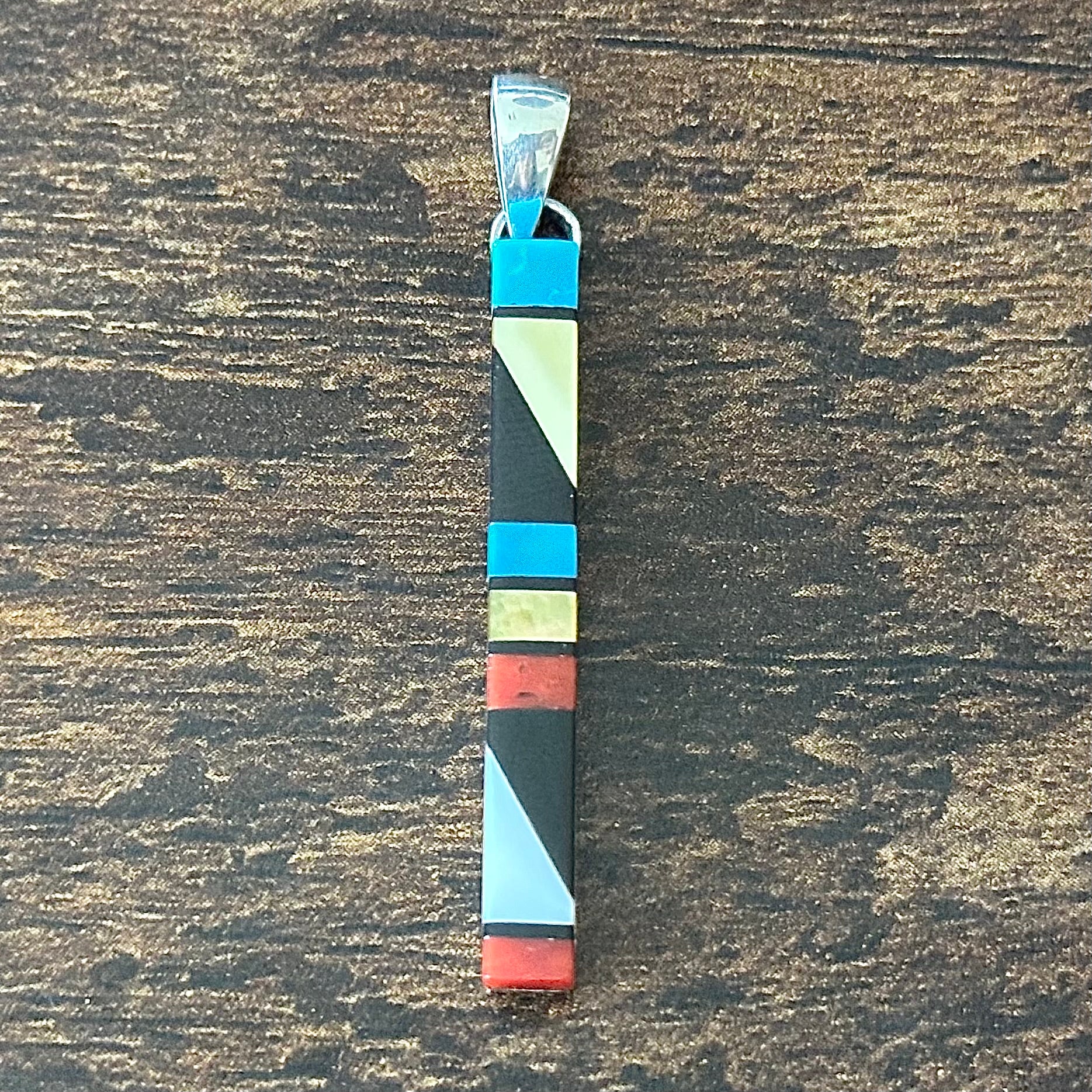 Zuni Maderrel Kallestewa Signed Turquoise Red Coral Jet Sterling Inlay Pendant