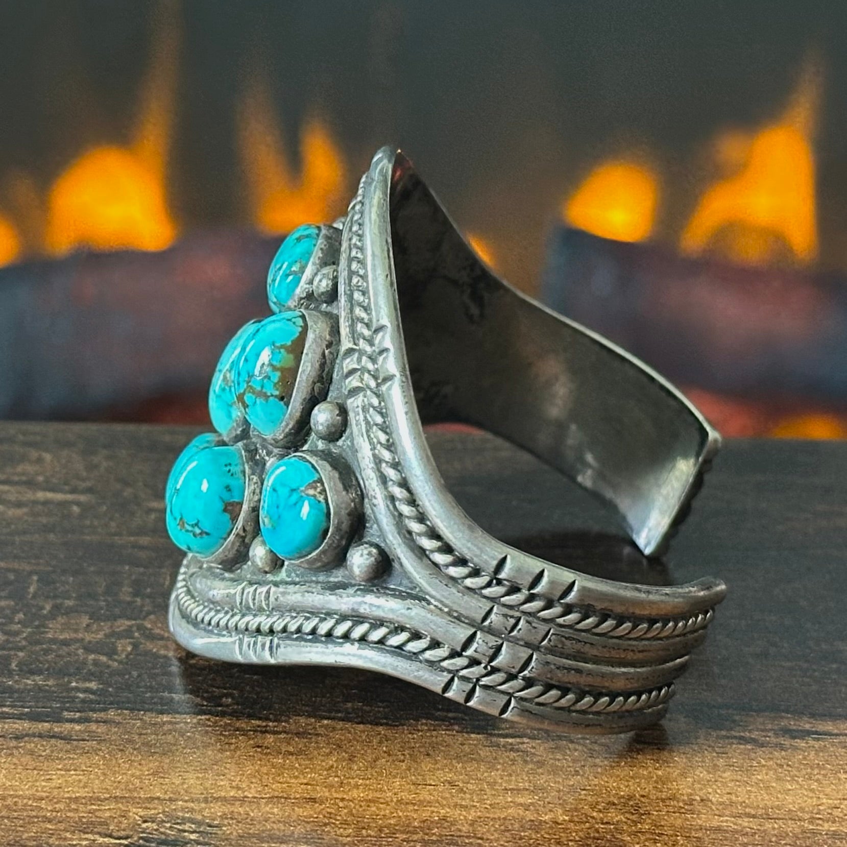 Turquoise 9 Stone Sterling Hand Stamped Cluster Twist Wire Statement Cuff
