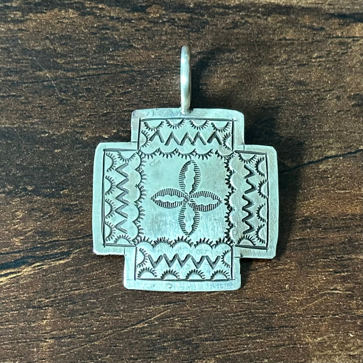 Navajo Jerry Gaussoin Sterling Hand Stamped Zia Cross Pendant