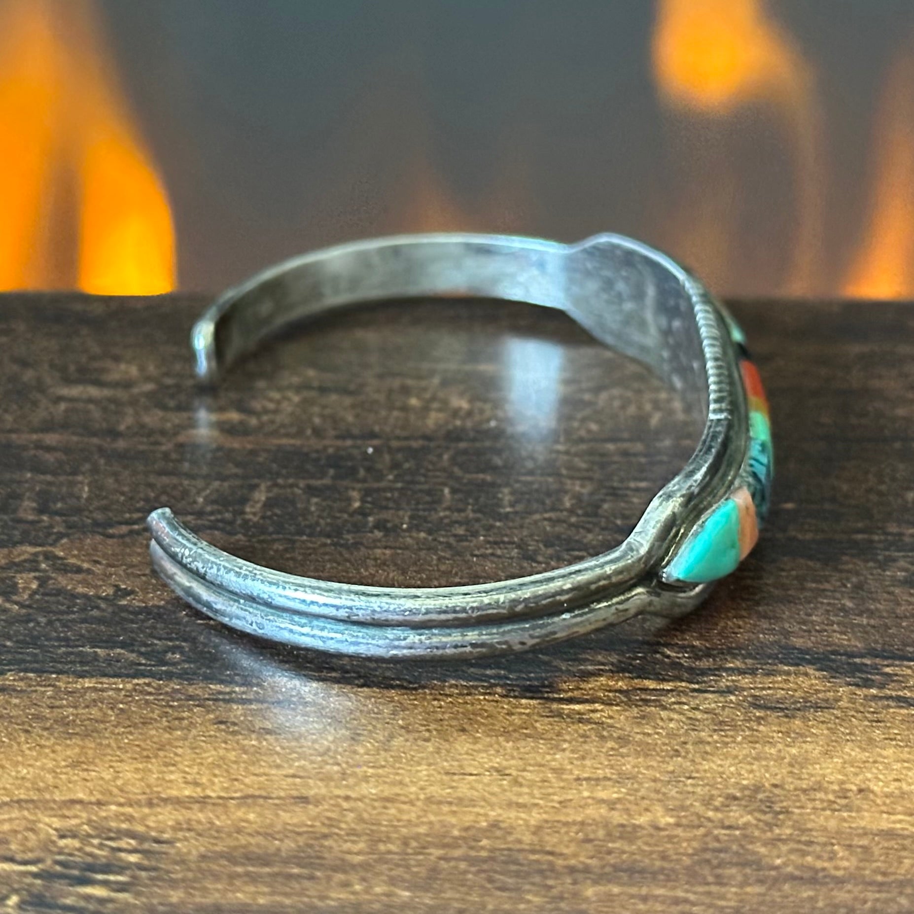 Vintage Signed Turquoise Pink Conch Red Coral Charoite Onyx Sterling Hand Stamped Inlay Stacker Cuff