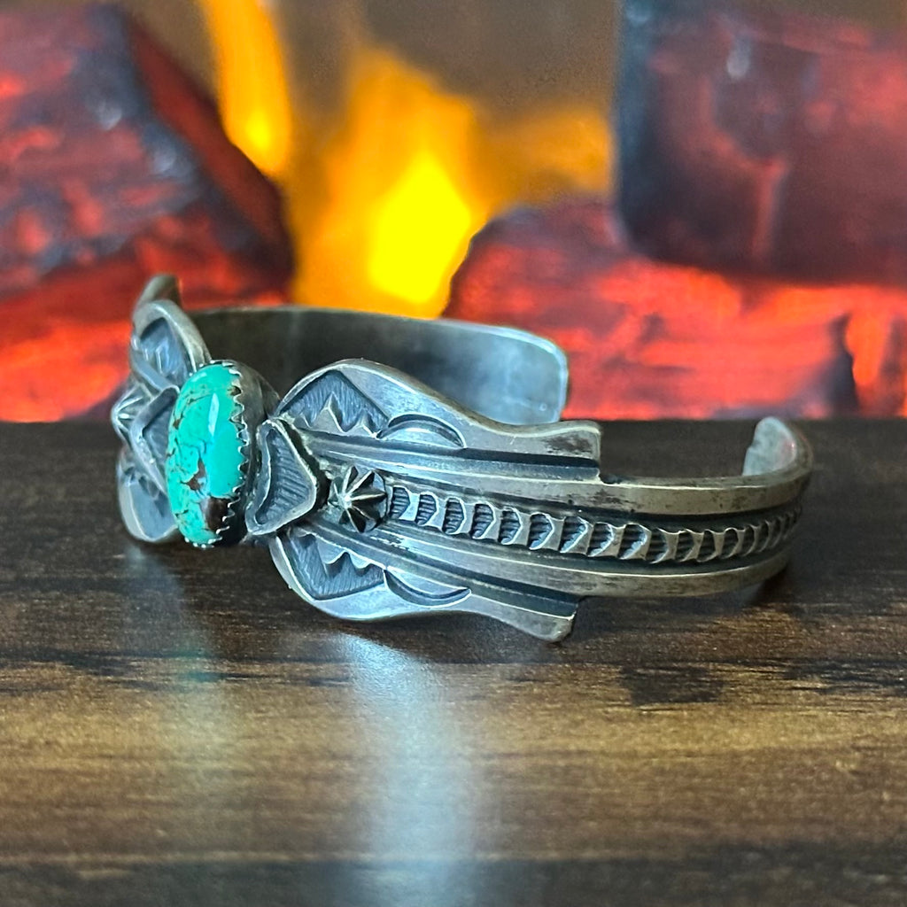 Navajo Linberg & Eva Billah Green Turquoise Sterling Hand Stamped Cast Cuff