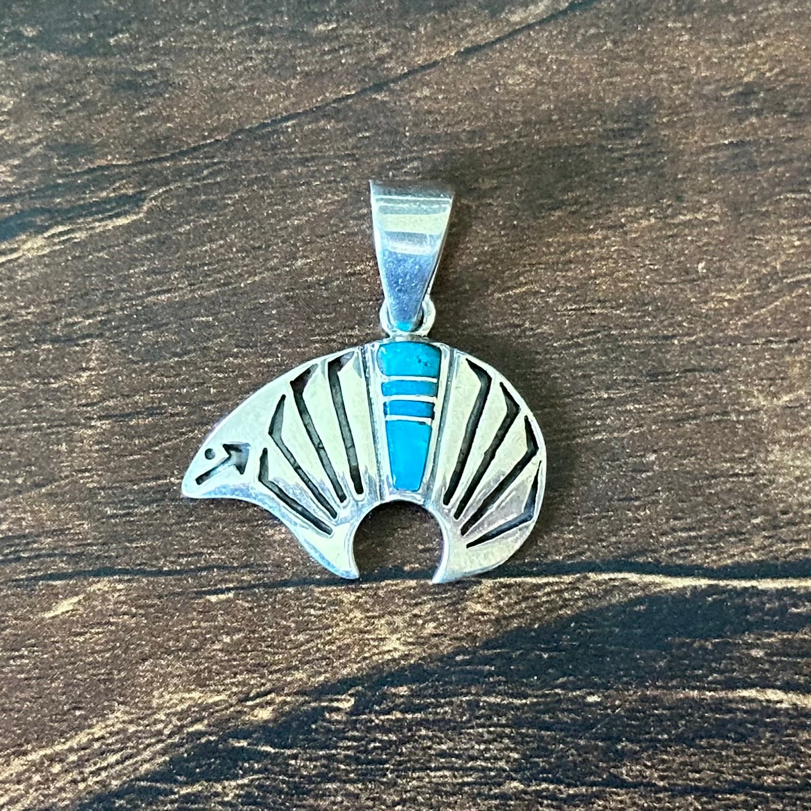 Pictogram Signed Turquoise Sterling Bear Inlay Pendant
