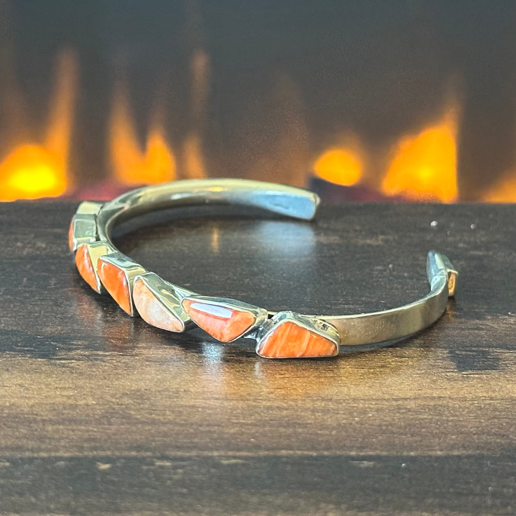 Navajo Sadie Jim Orange Spiny Oyster 7 Stone Sterling Triangle Stacker Cuff